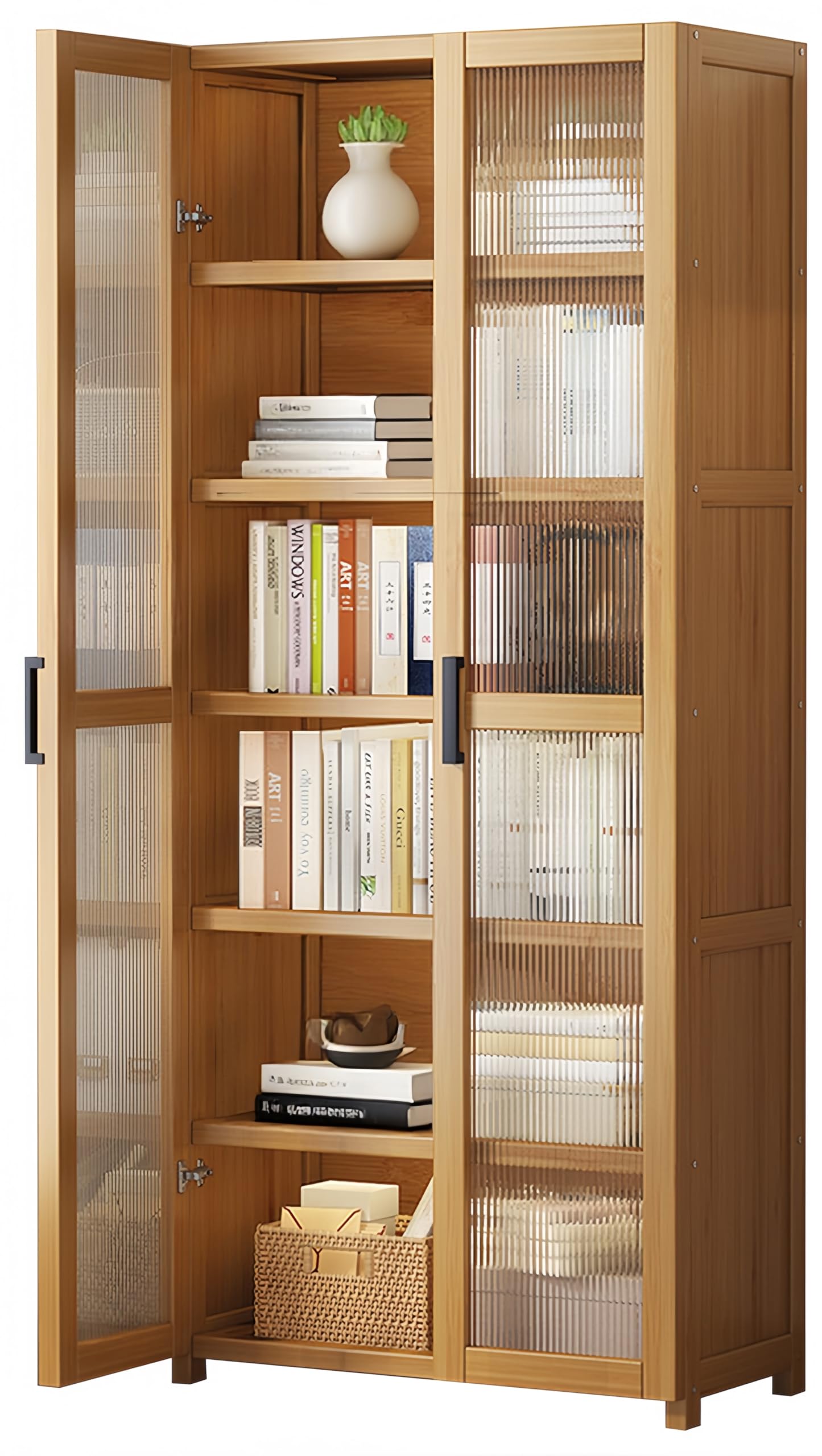 本棚 ブックシェルフ 6段 大容量 長さ60cm×幅31cm×高さ190cm 竹製 コミックラック 棚板可動 2枚扉付き 防水防塵防汚 漫画 雑誌 教科書 収納ラック 組み立てが簡単 寢室 リビン