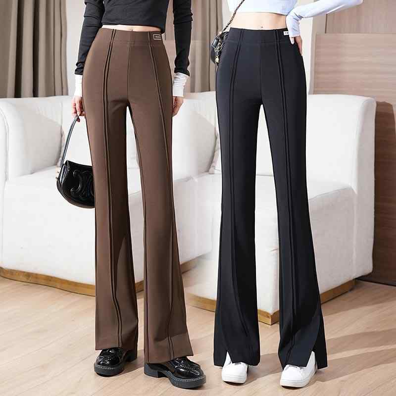 レディース ファッション おしゃれ 起毛 大きいサイズ ストレート レッグ スリット パンツ スリット 秋冬 ストレッチ ハイウエスト ドレープ スリム パンツ