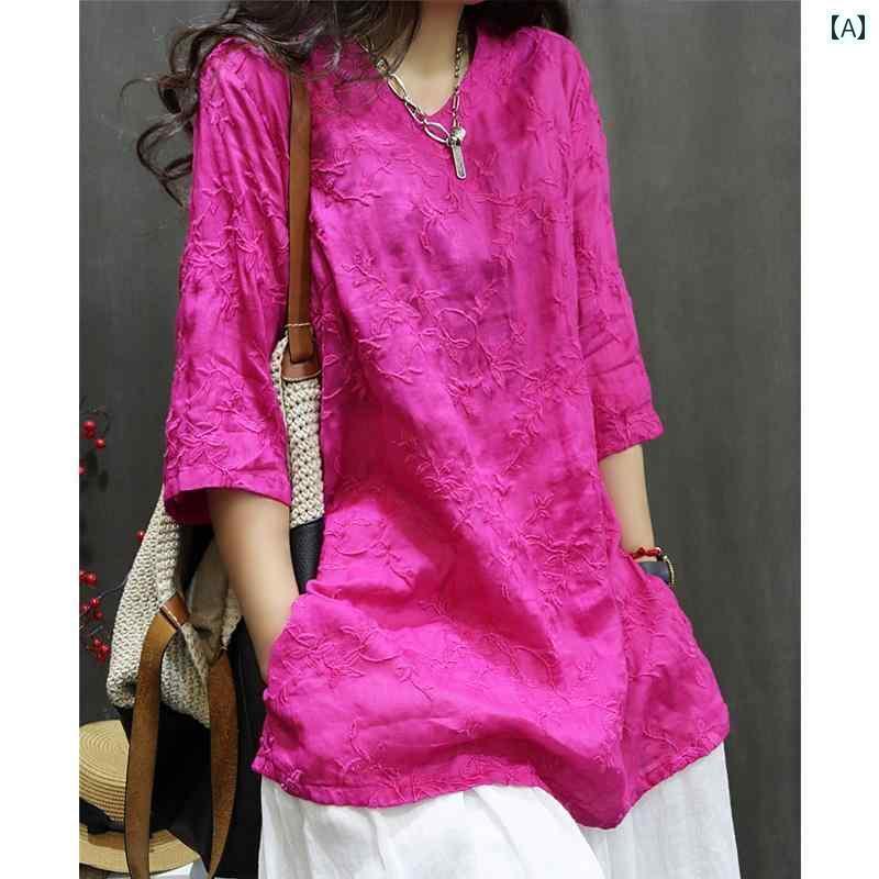 レディース　　シャツ　トップス 2024夏 ラミー 刺繍 レトロ カジュアル シャツ Vネック ミドル スリーブ 丈 文学 ドレス 6,131円