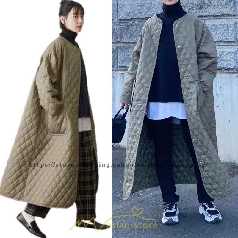 【急速出荷】キルティングコート ダウンコート ロングコート ノーカラー 長袖アウター 中綿コート アウター 防寒 防風 30代40代50代 ポケット 秋冬コート 厚手 コート 大人