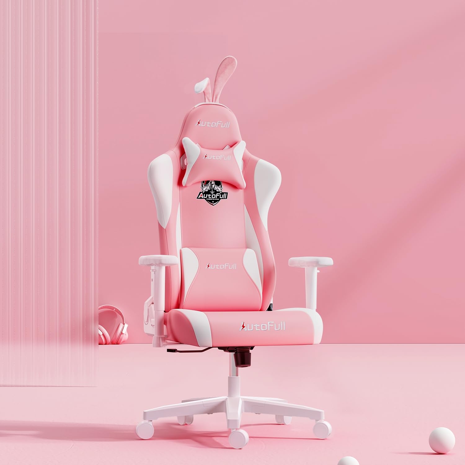 AutoFull(ゲーミングチェア ピンク 可愛い かわいい うさ耳 ヘアピン イス オフィスチェア 幅広座面 デスクチェア 椅子 ゲーム用 155リク 16576