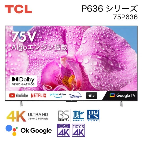 液晶テレビ 75型 地上BS110度CSデジタル 4Kチューナー内蔵 75インチ 75V型 75P636