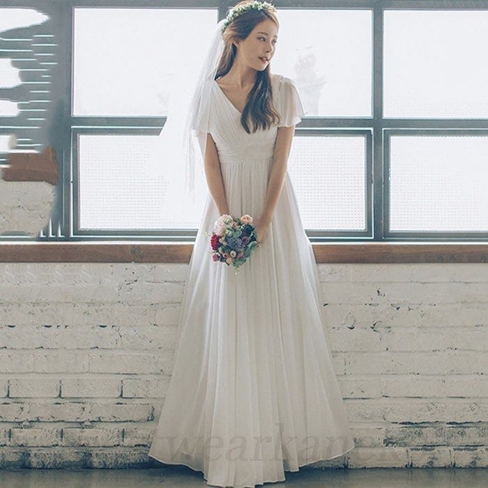 マキシワンピース ウエディングドレスシフォン 韓国風 オシャレ 通勤 大人 上品 着痩せ 可愛い エレガント Aライン 白 ロング丈 旅行 海デートVネック