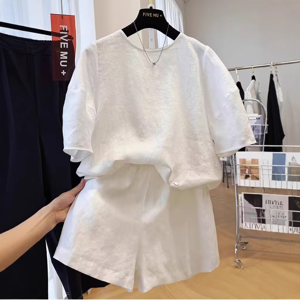 おしゃれ 無地 ラウンドネック カジュアル 合わせやすい プルオーバー 半袖 トップス ショートパンツ 2点セット