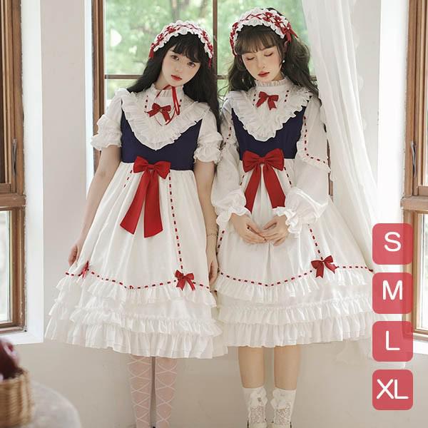 お財布に優しいロリータワンピース クラロリ ホワイト 白 レディース lolita リボン ロリータ 長袖付き 半袖あり 膝丈 小柄 可愛い 着瘦せ 仮装 コスプレ コスチューム 小柄 可愛い 学生