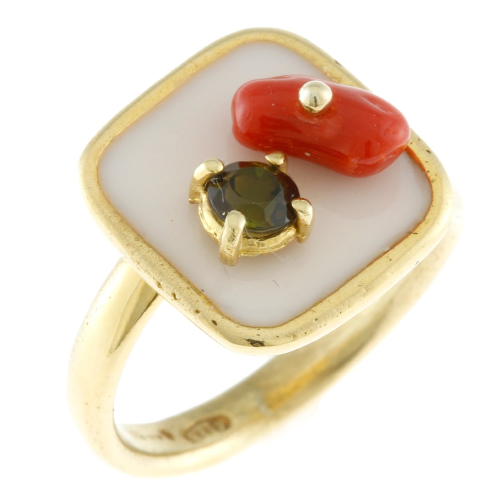 イタリー製 金メッキ 18金仕上げ エナメル 11号 リング 指輪 11号 シルバー925 サンゴ トルマリン 新品