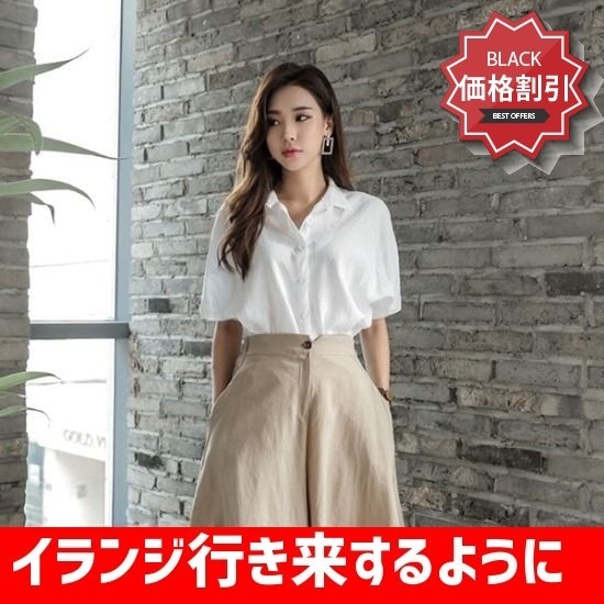 イランジ行き来するようにイランジ詩織ロールアップリンネンブラウス ソリッドシャツ/ブラウス/ 韓国ファッション