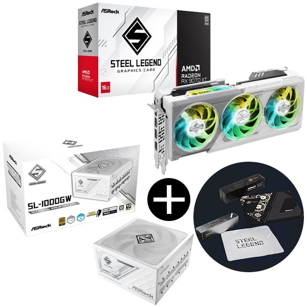 RX9070XT SL 16G ホワイト グラフィックボード + SL-1000GW ホワイト Steel Legend 電源ユニット (1000W) + オリジナルマウスパッド セット