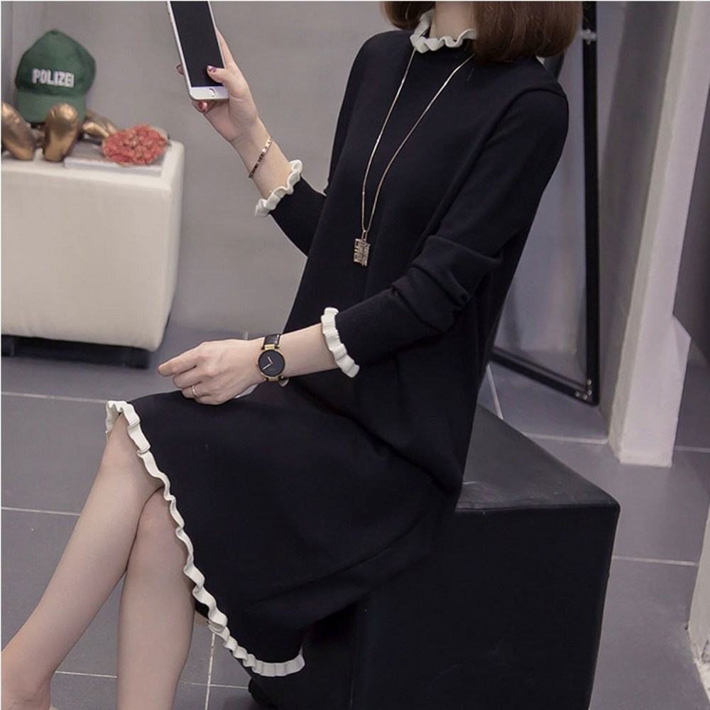 レッドモンキー9355レディース秋冬ビッグサイズニットワンピースミディワンピースタートルネックフリル袖