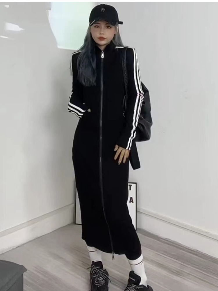 ストライプワンピース ダブルジッパー スタンドアップカラー 長袖ワンピース ドレス ワンピース カジュアル かわいい おしゃれ ジャージ オーバーサイズ ２カラー D78