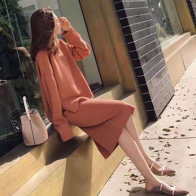 ニットセットレディースセットアップセーター長袖ゆったりニットスカートウエストゴムタ