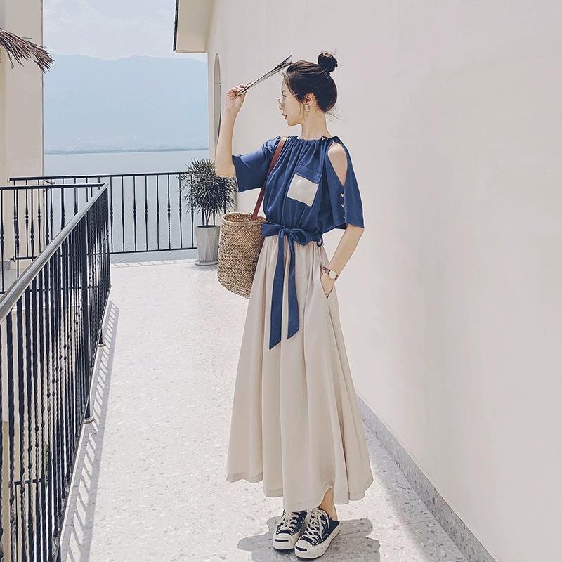 ワンピース レディース 40代 きれいめ 夏 マキシワンピース 半袖 ワンピース リボン 配色 ロング丈 ドレス 韓国風 オシャレ 通勤 大人 上品 着痩せ