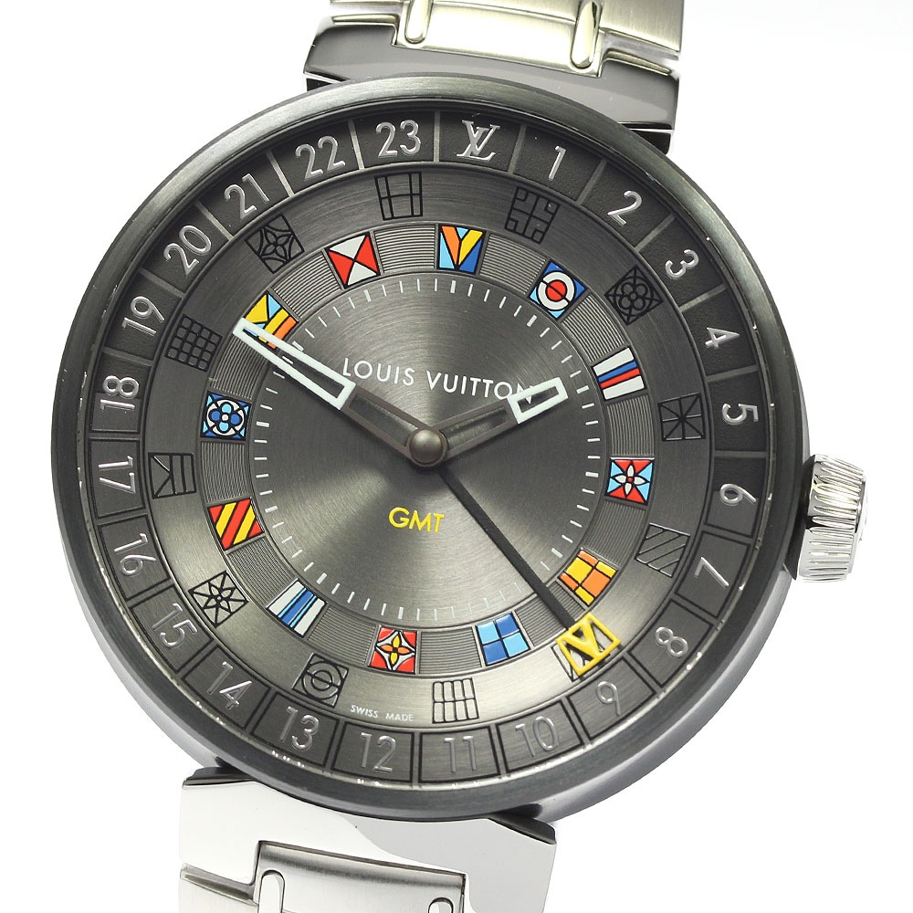 ルイ・ヴィトン LOUIS VUITTON QA097 タンブール ムーンデュアルタイム GMT クォーツ メンズ 良品 箱・保証書付き_812164【中古】 215,150円