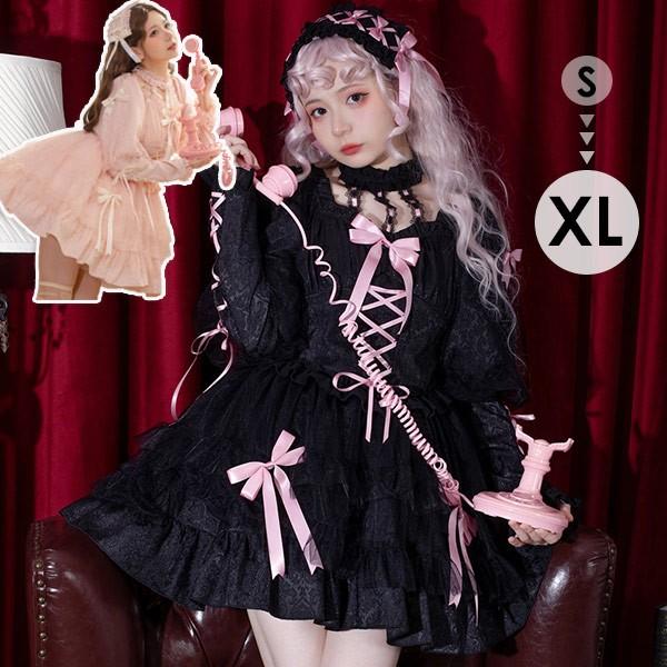 【人気製品 急速出荷】 ロリータワンピース 長袖 袖あり クラロリ 秋冬 膝丈 リボン レディース lolita ブラック 黒 ピンク ロリータ トップス 小柄 可愛い 学生