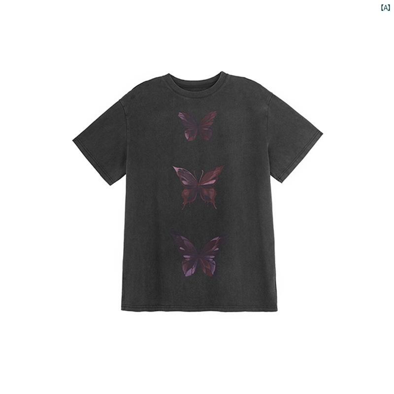 レディース　レディース　ファッション　オシャレ　　モダン　海外風 蝶 プリント Tシャツ レディース レトロ スイート クール ブラック ウォッシュ コットン 半袖 トップ