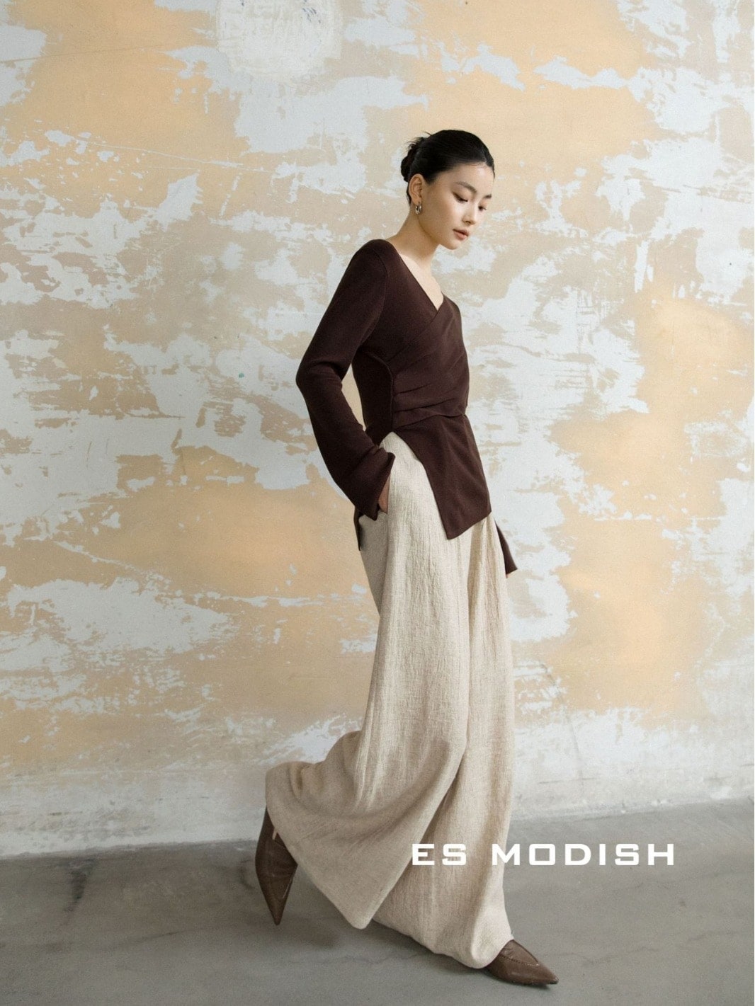 ひんやりボトムス 【ES MODISH】 春/新作/通勤/万能/ストレート/ワイドパンツ/リネン/ハイウエスト//スーツパンツ/女子