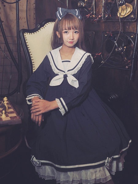 【短納期】セーラーロリータOPワンピースドレスロングスリーブフリル弓セーラーカラー二トーンダークネイビーロリータドレス