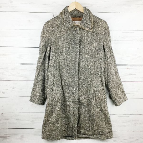 定価15万イタリア製HAUTE/オートシルク34%混/ツイード/ステンカラーコート/アウター【40/レディースL/茶系】襟裏ラムスキン/羊革3D02