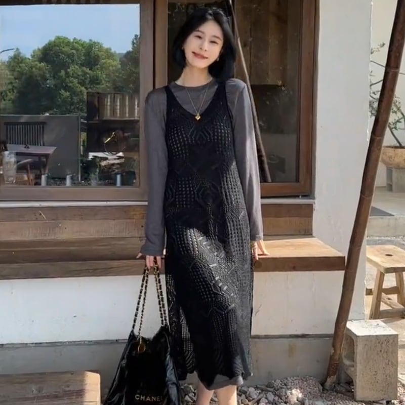 2025新作初婦人服初長袖ニットラウンドネックワンピースカジュアルミドル丈スカートスーツ