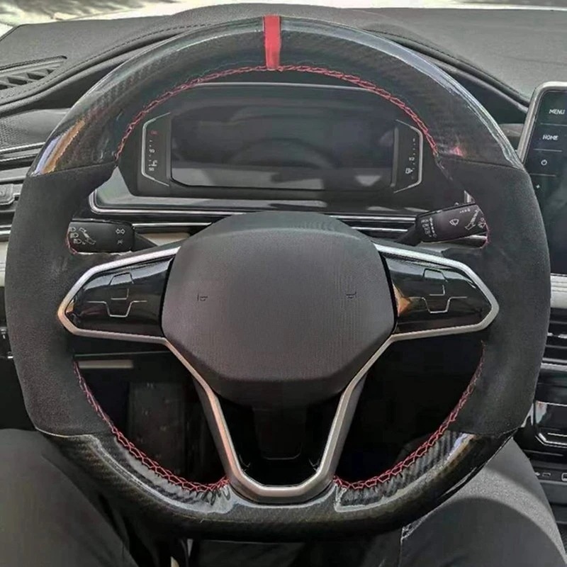 ソフトブラックカーボンファイバースエード車のステアリングホイールカバーフォルクスワーゲンvwアトラスゴルフ8 Mk8ジェッタパサートB9ティグアンシャラン