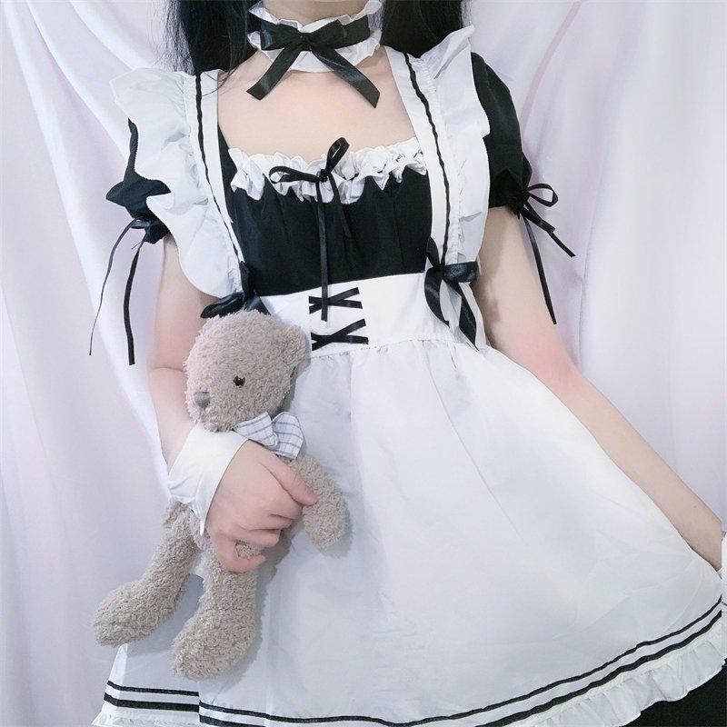ロリータ ワンピース メイド 制服 メイド喫茶 カフェ S-4X レディースエプロン コスプレ 8点セット ロリィタ