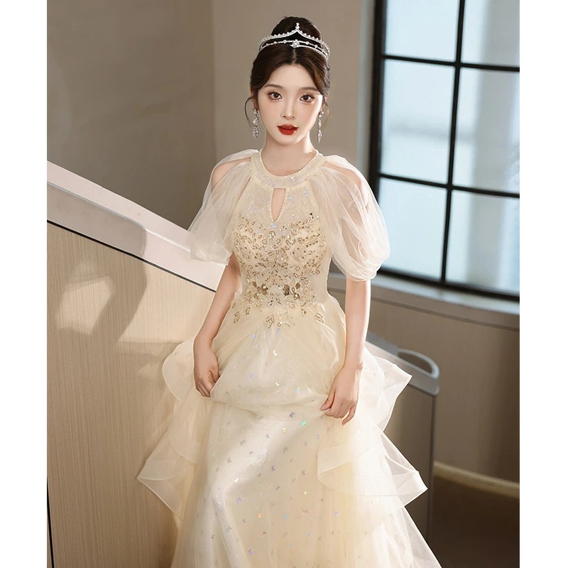 イブニングドレス ロングドレス ホルターネック オフショルダー シャンパン色 ベージュ 結婚式ドレス 二次会ドレス スパンコール キラキラ 発表会ドレス パーティードレス チュール 可愛い XS S