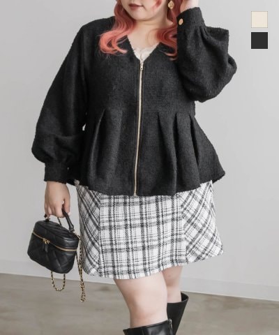 大きいサイズ レディース LL 3L 4L XL XXL XXXL ジップ使いブークレペプラムトップス