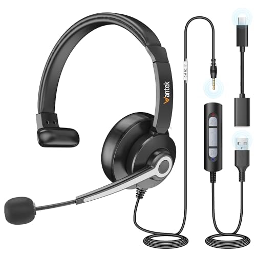 Wantek ヘッドセットUSB/TypeC/3.5mm 片耳 ノイズキャンセリングマイク付き 有線ヘッドセット SkypeWeb会議ボイスチャットリモートワークテレワーク在宅勤務に適用される プロ