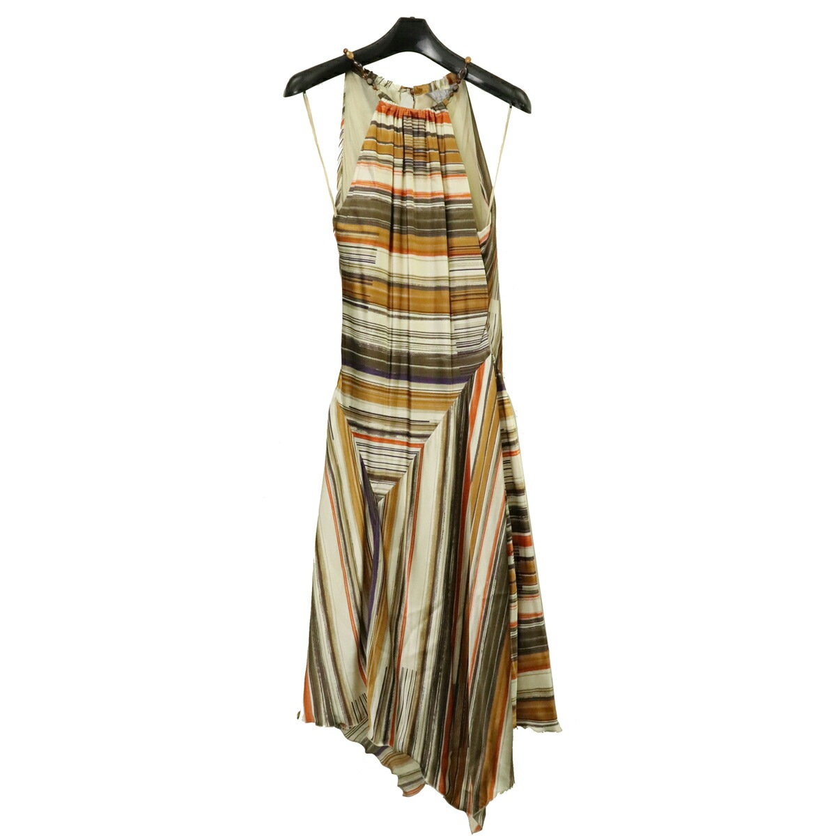 ワンピース アシンメトリー ボーダー 総柄 シルク100% ストーン オレンジ ベージュ マルチカラー #4