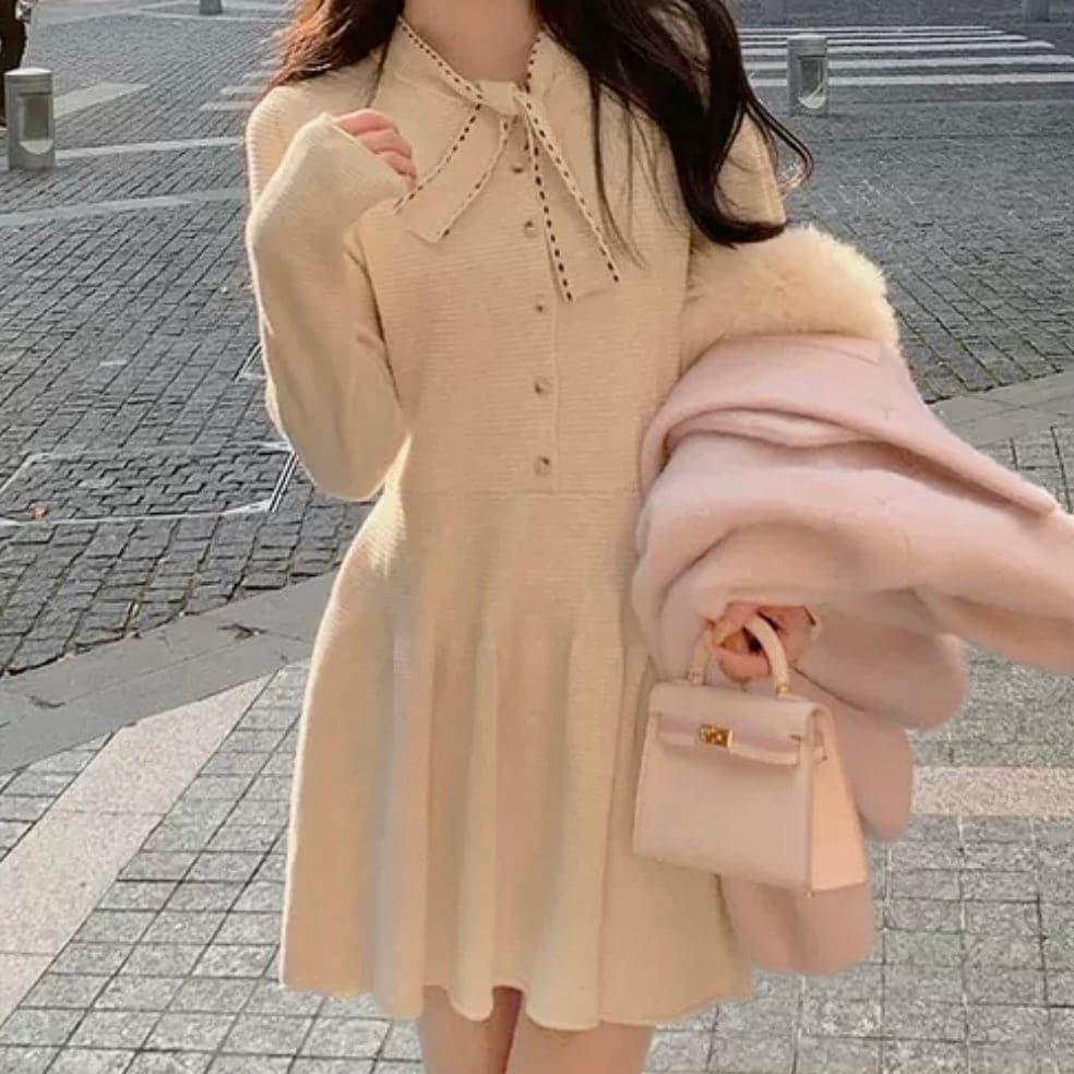 韓国デザイン新作リボンステッチニットワンピ 3色