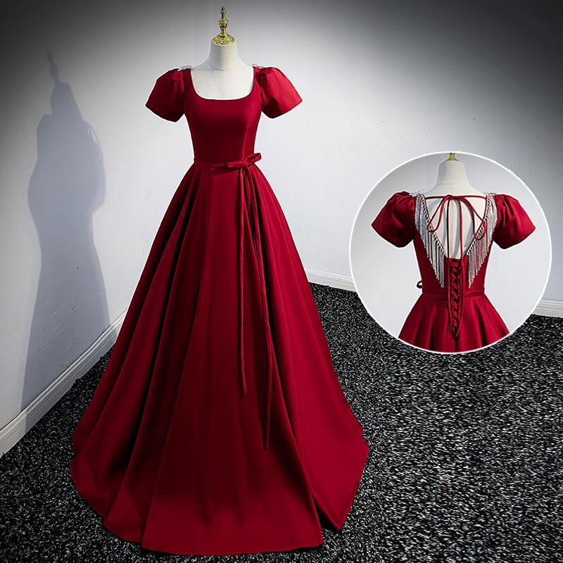 カラードレス 編み上げ ワインレッド 半袖 ステージドレス ロングドレス 結婚式 二次会 発表会 演奏会 ウェディングドレス ウエディングドレス プリンセスドレス イブニングドレス コンサート 前撮り