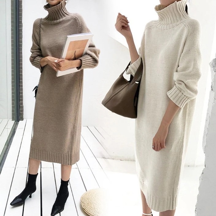 ニットワンピースレディース40秋冬長袖ワンピースハイネックニットロング丈スカートゆったり厚無地セーターワンピ韓国風オシャレカジュアル