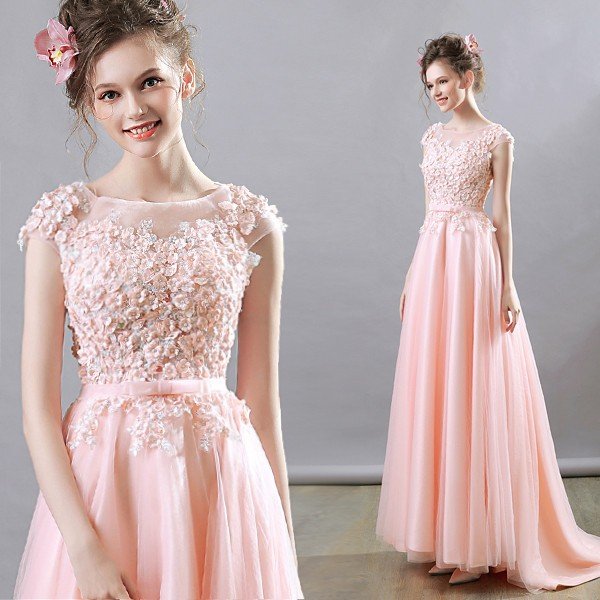 カラードレス ロング 半袖 安い ピンク カクテルドレス 花嫁 パーティードレス 演奏会 ブライズメ