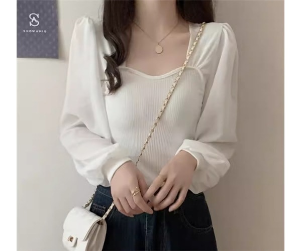 レディース トップス カットソー プルオーバー Tシャツ ショート クロップド丈 長袖 スクエアネック スリム 細身 ストレート ドッキング フェミニン かわいい 大人可愛い きれいめ シンプル