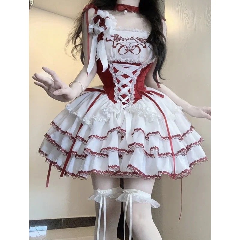 フリル 花嫁 コスプレドレス 腰をすぼめる レース キャミソールワンピース かわいい 茶会 つぎて 韓国 ポンポンスカート ロリータ 復古