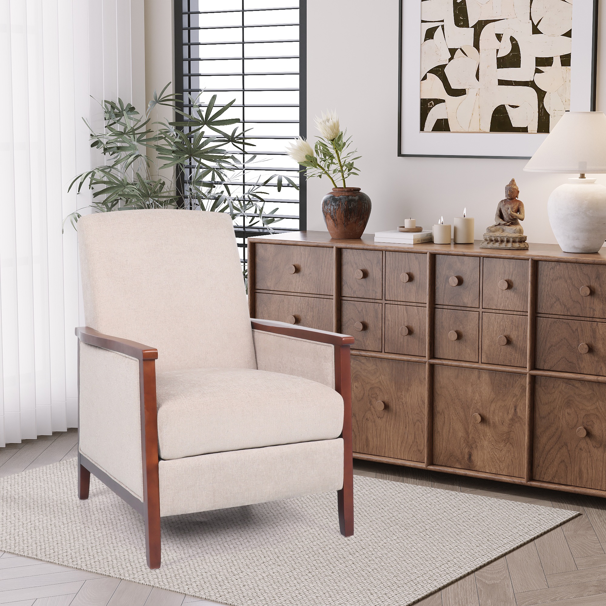 【大好評！最安値挑戦!】プッシュバックリクライニングチェアファブリックアームチェアプッシュバックリクライニングチェアウッドデコレーション付きリビングルームベッドルーム用シングルソファアクセントチェアG