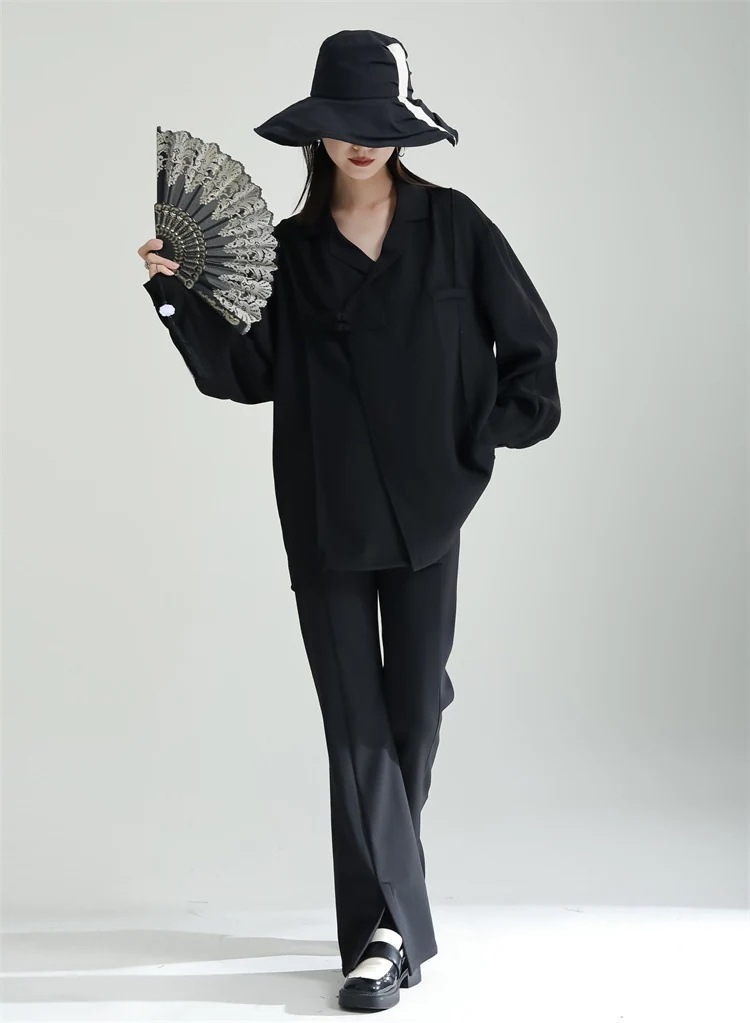 【J.Fashion】 黒ブラウス Vネック 体型カバー チュニック 長袖 関連商品は店で購入可能30%までに制限