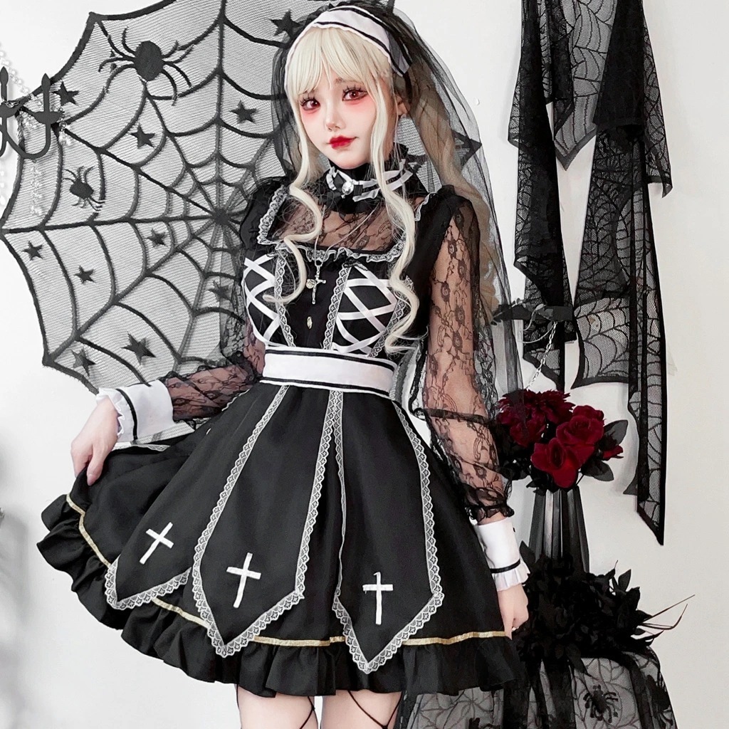 「新品販売」「即納」ハロウィン衣装 ワンピース 可愛い 修道女 長袖 ネックレス 髪飾り付き ドレス 大人用 レディース 魔女 悪魔 ゴシック ロリータ おしゃれ ハロウィンパーティー 変装 仮装