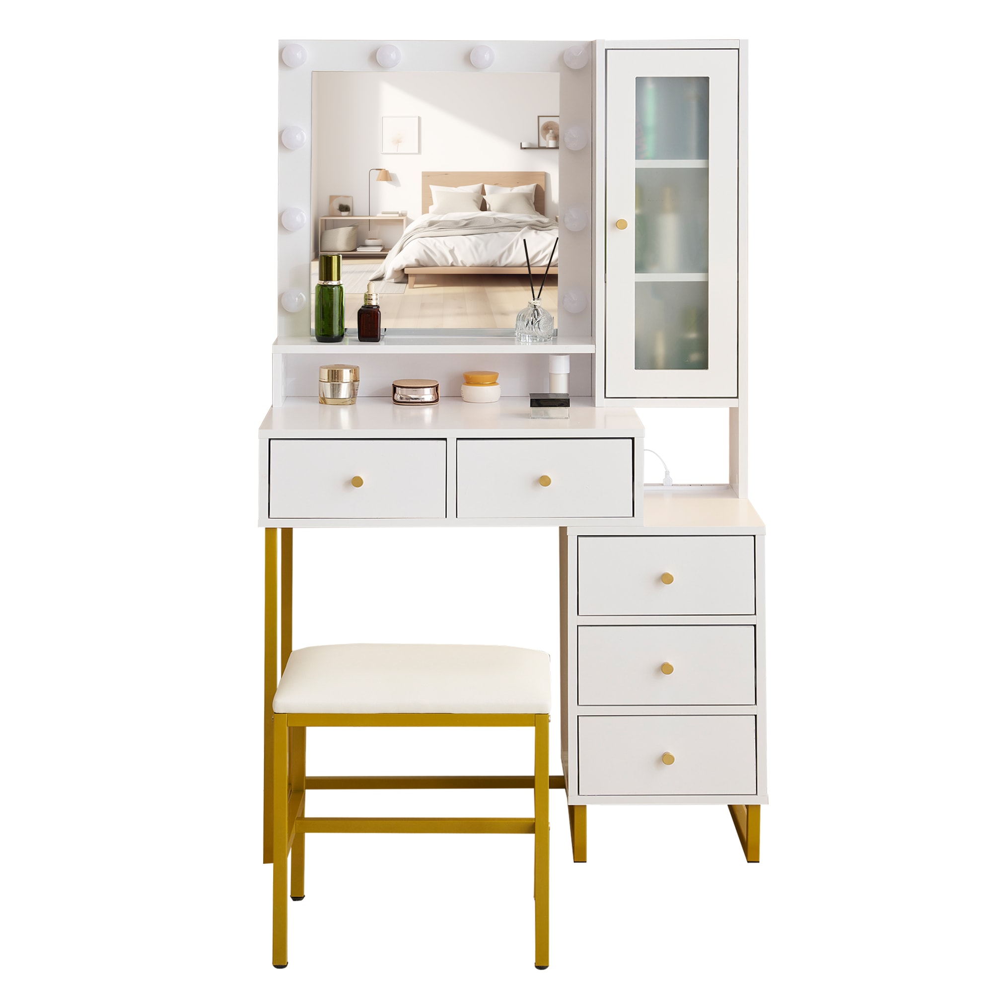 【国内へ発送&送·料·無·料】231ドレッサー 化粧台 テーブル 鏡台 ライト付き コンセント付き 3色LED 女優ミラー 引き出し 収納 椅子 セット サイド収納 メイク台 シンプル 大容量 可愛い