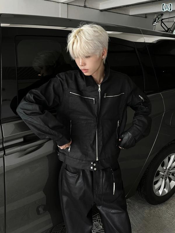 メンズ トップスス アウター おしゃれ ショート コート 秋 アメリカン ストリート マルチ ポケット ショルダーパッド ワークジャケット