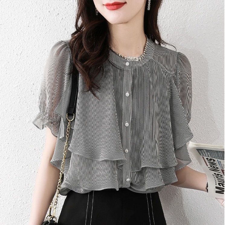 夏半袖トップス フリルシフォンシャツ ストライプトップス パフスリーブトップス トップス シャツ ブラウス カットソー プルオーバー 袖あり 半袖 5分袖 五分袖 パフスリーブ Uネック スリム