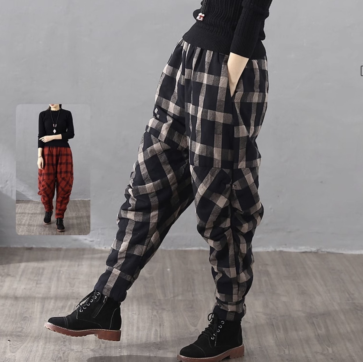 ボトムス サルエルパンツ イージーパンツ ロング 綿 リネン かわいい 大人可愛い 大人 大人女子 カジュアル おしゃれ お洒落 かっこいい ラフ ボーイッシュ ルーズ チェック柄 大柄チェック 秋