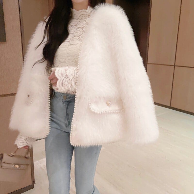 アウター ジャケット フェイクファー 長袖 厚手 Vネック ポケット 大人可愛い 上品 おしゃれ