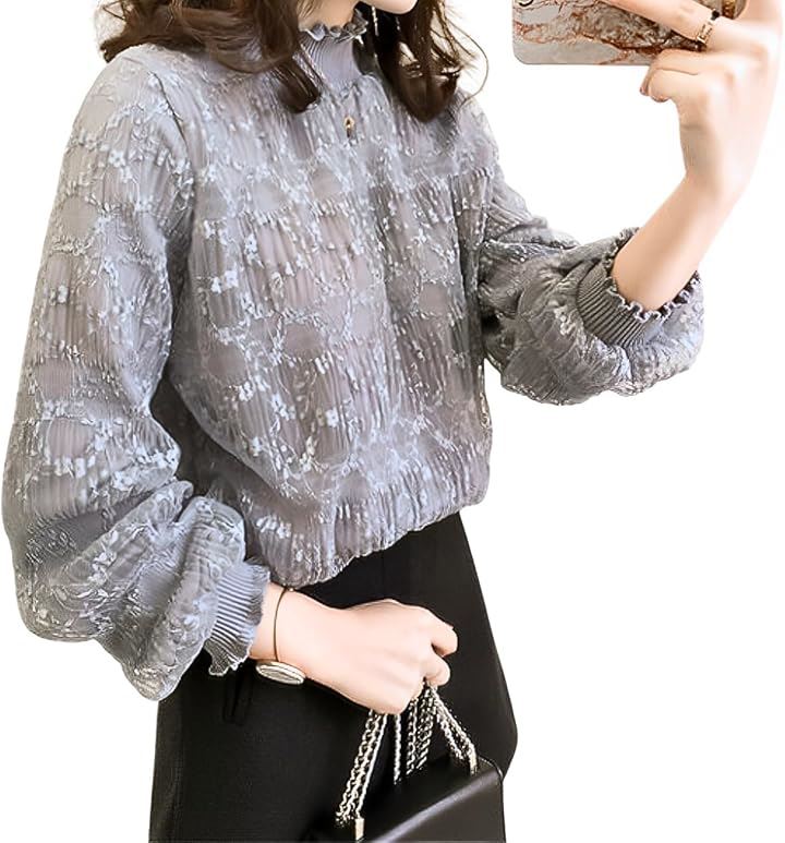 レース ニット トップス レディース ハイネック 薄手 50代 着痩せ 可愛い ゆったり レーストップス 二次会(グレー, M)