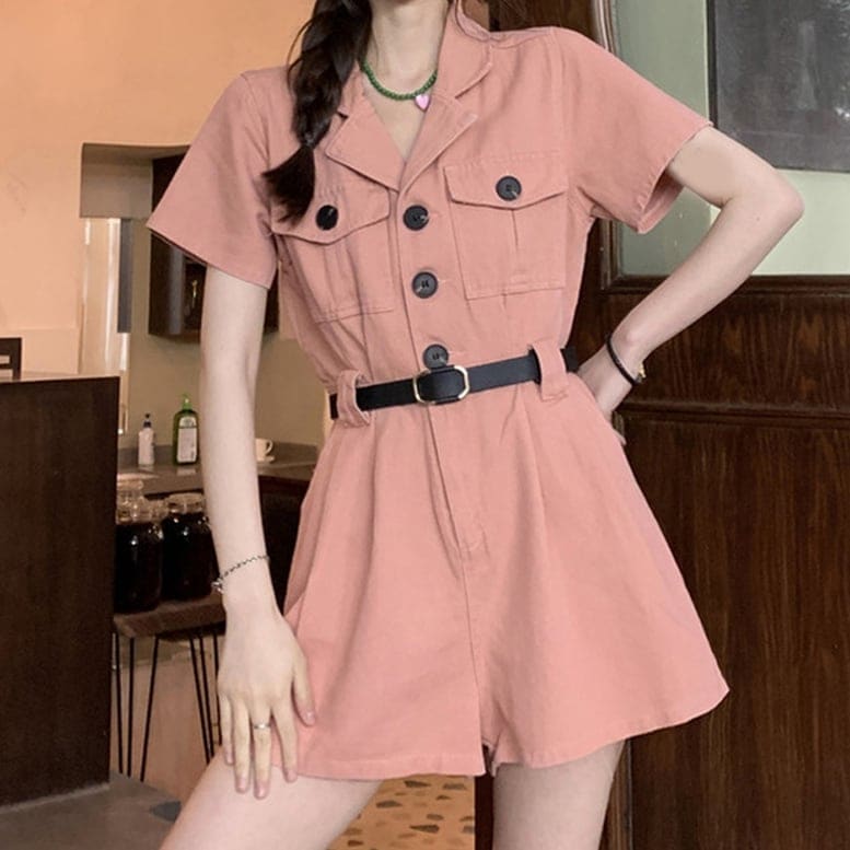 2color レディース カラーデニムジャンプスーツ ショートパンツ ベルト付き オールインワン 5,238円