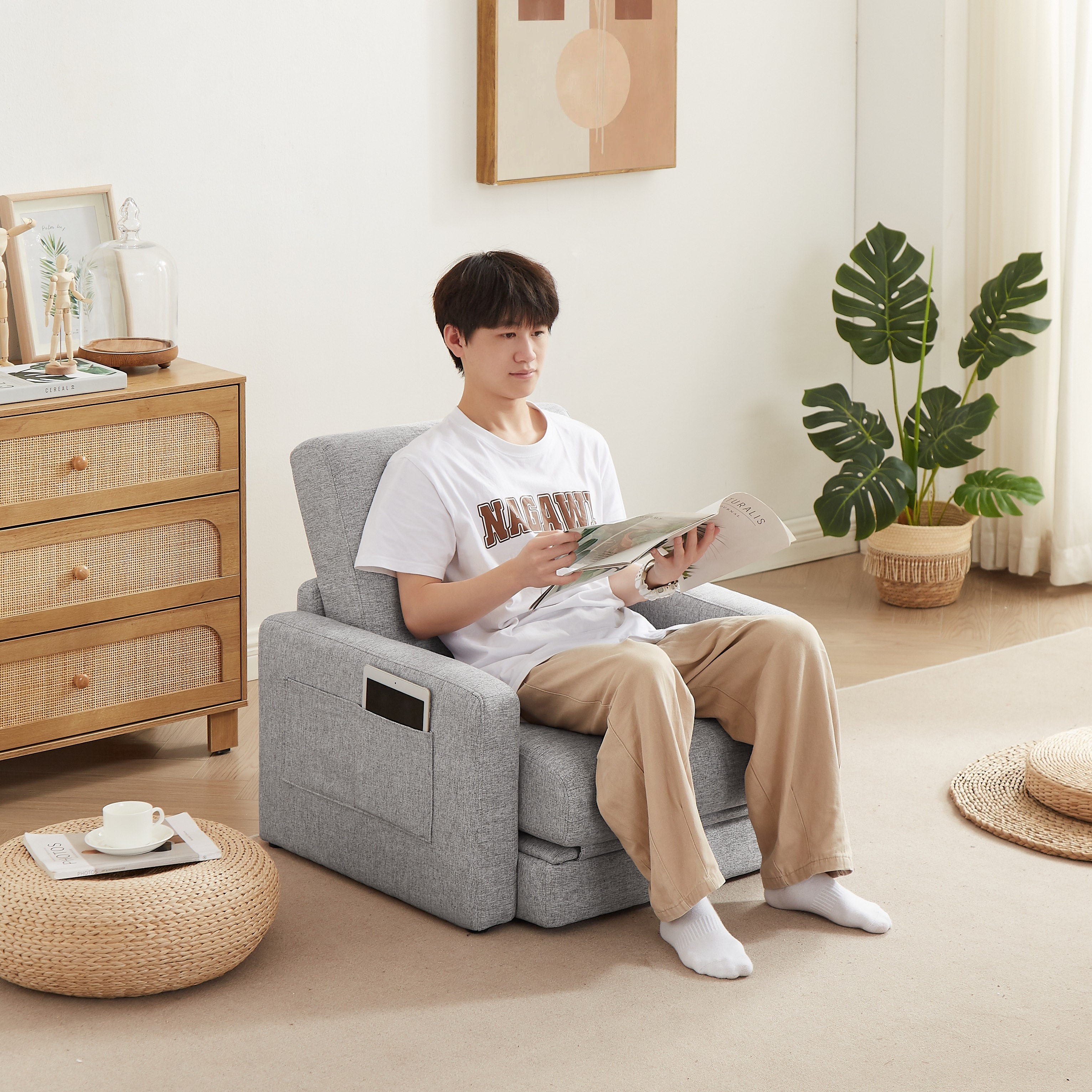 364ソファーベッド 折りたたみベッド ローソファー シングルソファーベッド 座面開閉式 ソファーけ コンパクトソファーベッド フロアソファ 肘掛け収納ポケット付き