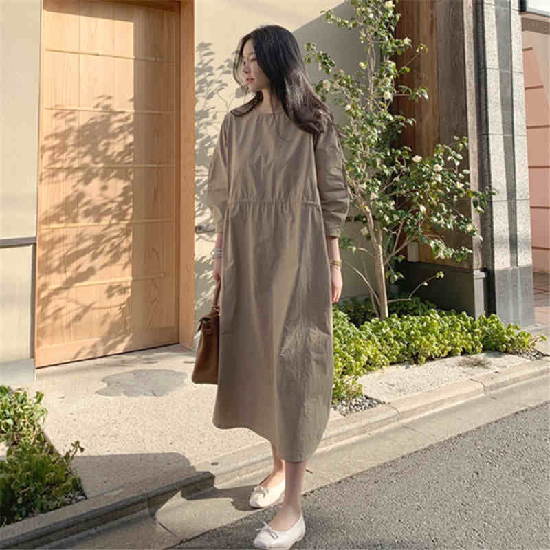 ワンピース レディース 長袖 7分袖 ルーズ ミモレ ロング ラウンドネック 大人可愛い シンプル カジュアル おしゃれ ゆったり マタニティ 楽ちん 旅行 普段使い 無地 カーキ S M L XL