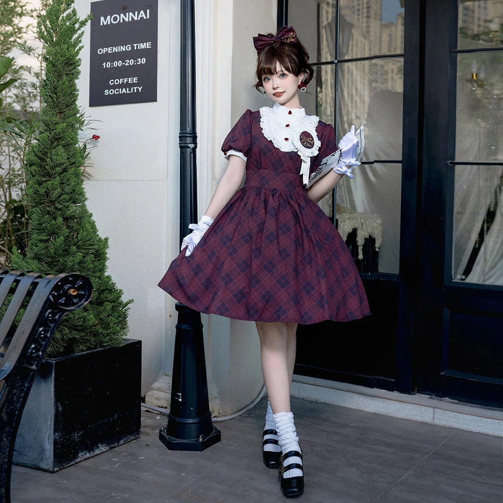 コスム 地下アイドルヒット服ロリータチェック柄ワンピースバッジセンドヘアバンド
