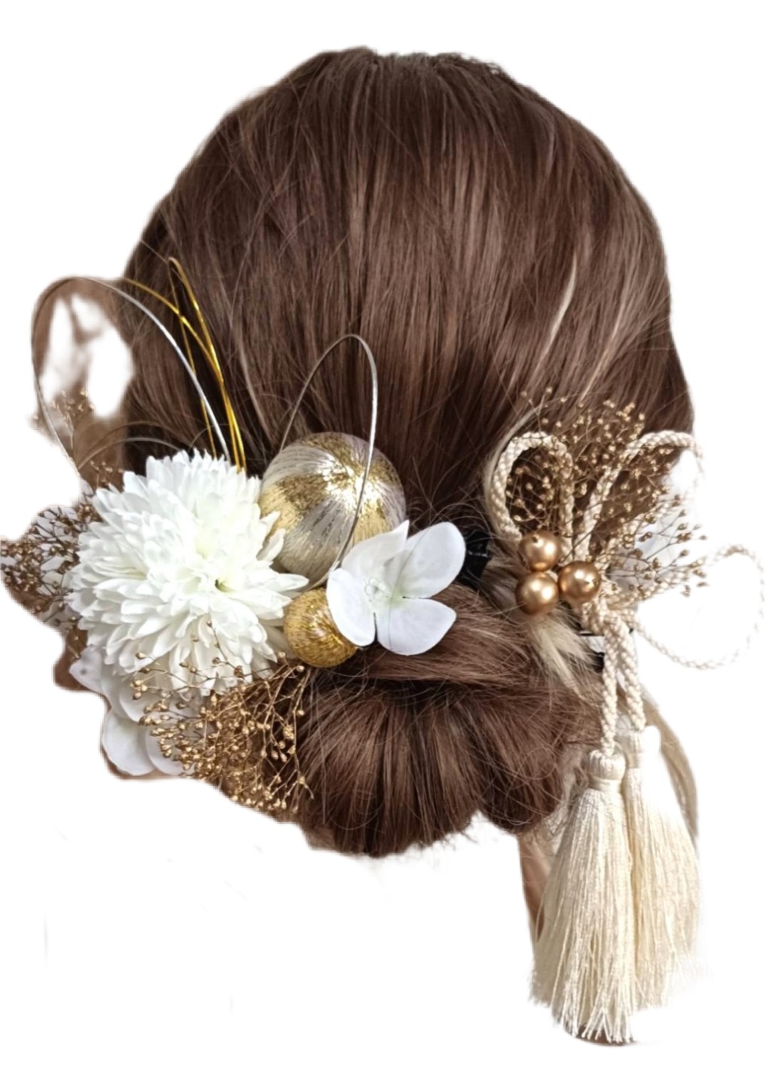 髪飾り 成人式 振袖 卒業式 袴 結婚式 フォト婚 前撮り 後撮り 和装洋装豪華造花&プリザ 水引き ヘッドドレス着物 和髪 アップスタイル　ハーフアップ ホワイト白/ゴールド/シルバー901