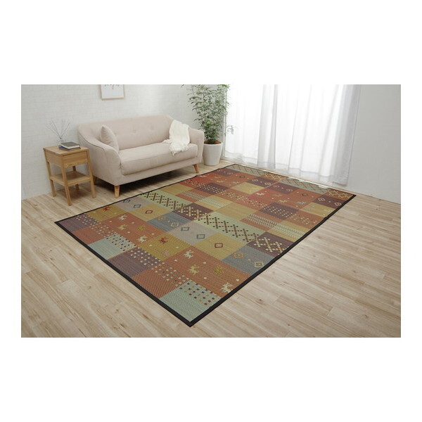 1030290240302 い草ラグ 裏ばり 花ござ カーペット ラグ 3畳 ギャッベ(ギャベ)柄 抗菌防臭 消臭 江戸間3畳 (約174×261cm) 裏:不織布 レッド メーカー直送